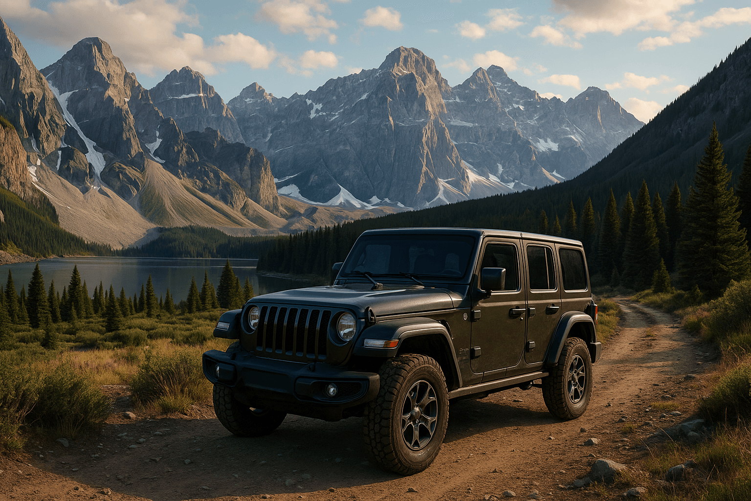 Mountain landscape with adventure vehicles